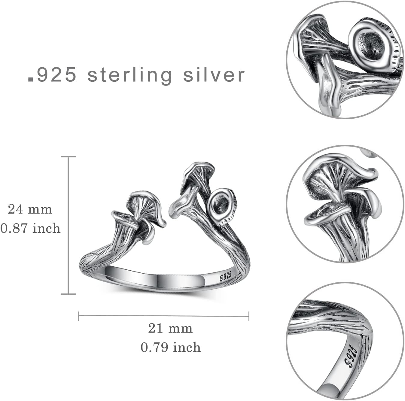Chanterelle Mushroom Rings for Women Sterling Silver Vintage Cute Adjustable Open Wrap Ring Jewelry