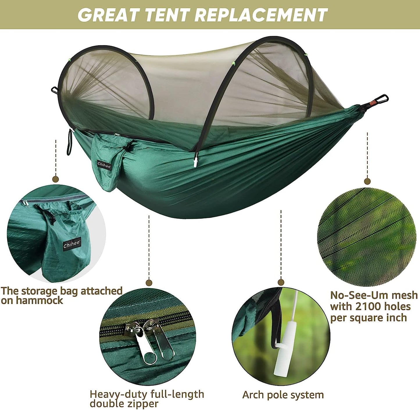 Chihee Ultra-Light Travel Camping Hammock Mosquito Net Hammock| 300Kg Load Capacity,Breathable,Quick-Drying Parachute Nylon | 2 Premium Carabiners,2 Nylon Slings Included