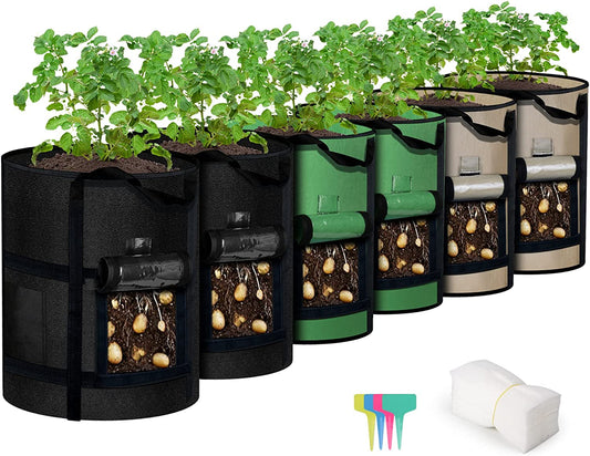 6-Pack 10 Gallon Grow Bags with Window to Harvest - Potato Grow Bags with Handles - Thickened Fabric Pots - Large Grow Bags - Tomato Vegetables Grow Bags with Harvest Window