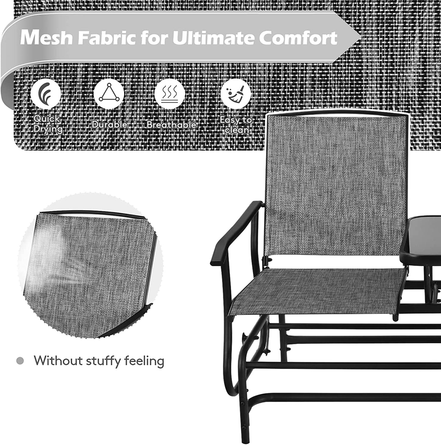 2 Person Swing Glider Chair, Patio Rocking Loveseat W/Center Tempered Glass Table, Outdoor Swing Bench W/Steel Frame & Breathable Mesh Fabric for Porch, Balcony, Poolside (Grey)