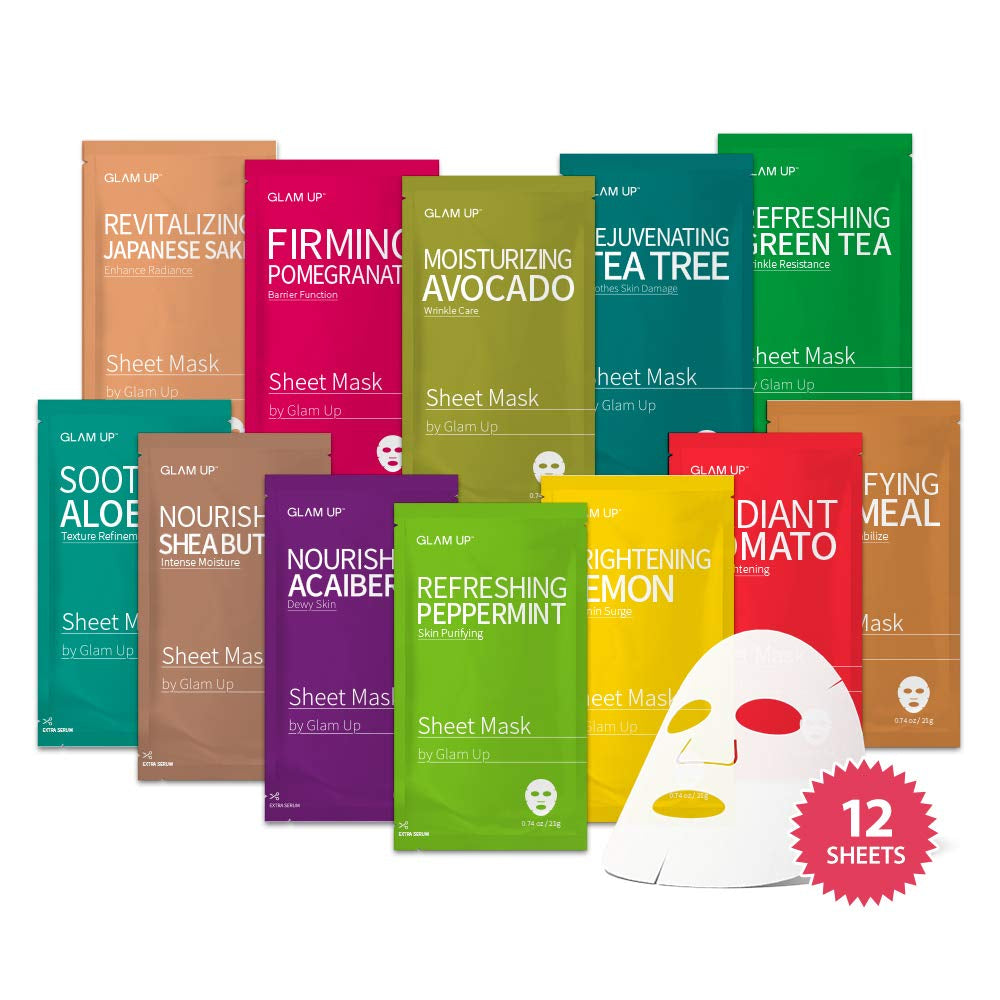 Premium Facial Sheet Mask 12 Combo (Pack of 12) | Face Masks Skincare, Hydrating Face Masks, Moisturizing, Brightening and Soothing, Beauty Mask for All Skin Type Variety Beauty Mask Set