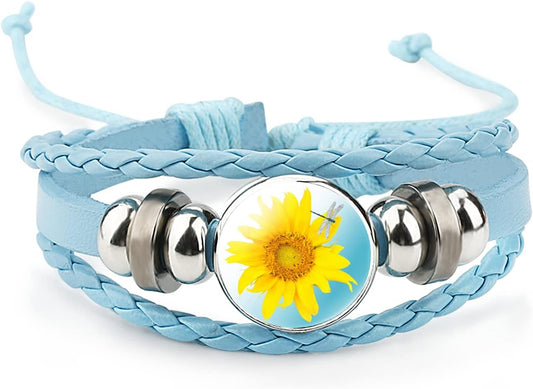 Adjustable Sunflower Braided Leather Bracelet - Cute Bangle Bracelets Jewelry for Women, the Best Gifts for Women