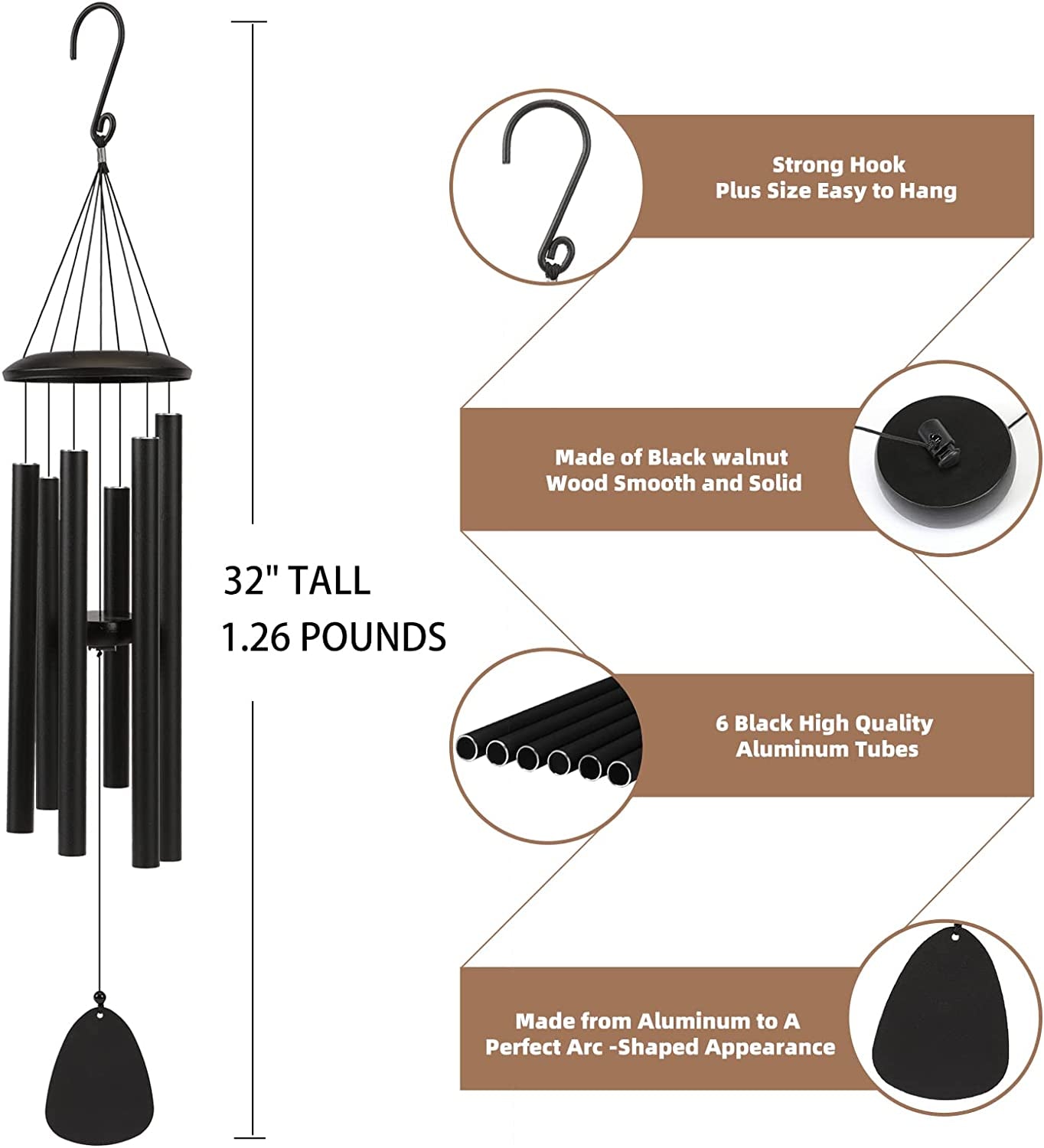 Wind-Chimes-Outdoor-Large-Decor, Deep Tone Soothing Melodic Tones Windchimes, Wind Chimes for Outside, Memorial Wind Chimes Best Gift for Mom Women Grandma Neighbors（32" Black Coated Aluminum）