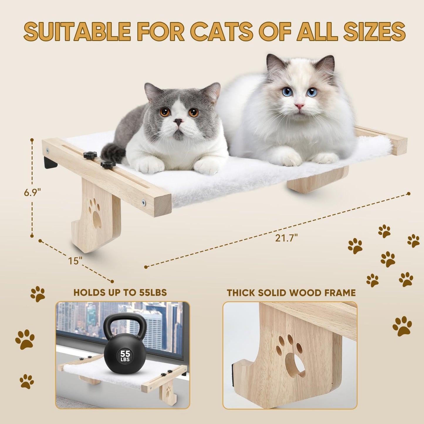 Cat Window Perch, Cat Window Hammock for Indoor Cats, Easy to Adjust & Assemble Large Cat Bed Seat for Windowsill, Bedside,Drawer and Cabinet
