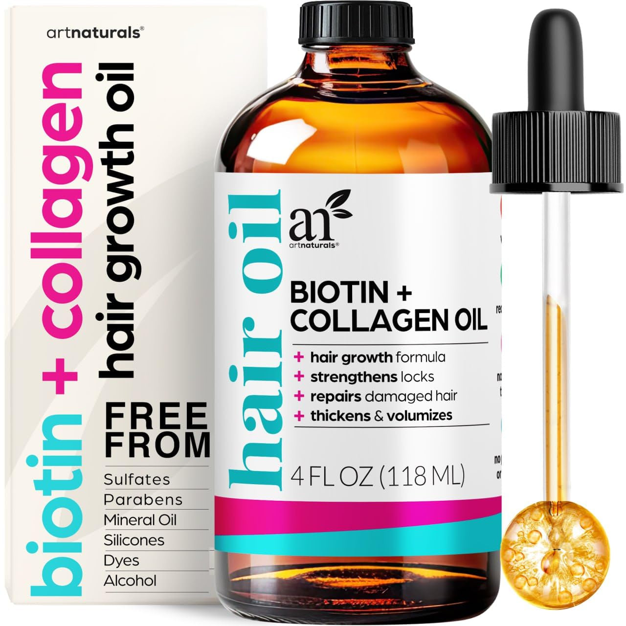 Biotin Collagen Hair Oil 4.0Oz - Growth Promoting Volumizing Formula - Reduce Hair Loss, Strengthens and Nourishes Hair - Controls Frizz & Improves Manageability