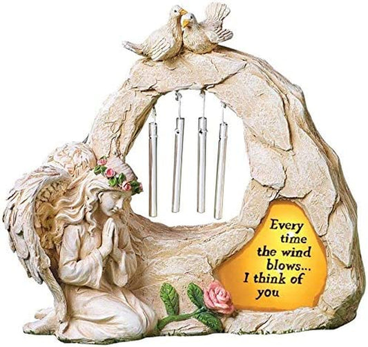 Angel Garden Statues Sympathy Gift with Solar - Cementary Decoration,Memorial Statue for Home Garden Cementary Sympathy Gift (Light Brown Angel Wind Chime)