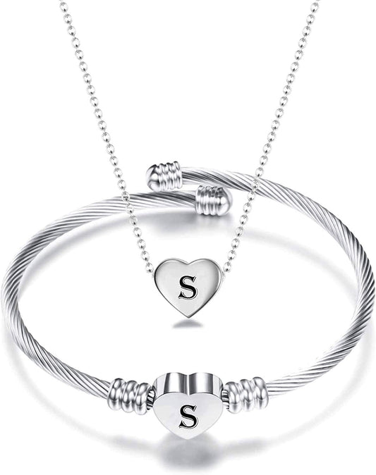 Heart Necklace and Bracelet for Women Girls Stainless Steel Initial Jewelry Set