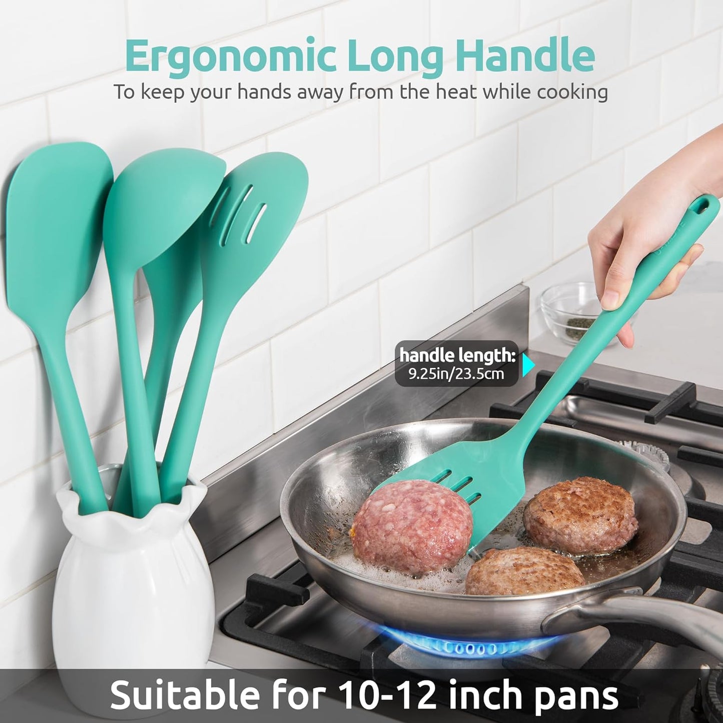 High Heat Resistant Kitchen Utensil:  13.6" Silicone Cooking Tools Gadgets Set, BPA Free Non Stick Solid and Slotted Turner Spatula, Mixing Spoon, and Soup Ladle (5 Pieces, Aqua Sky)