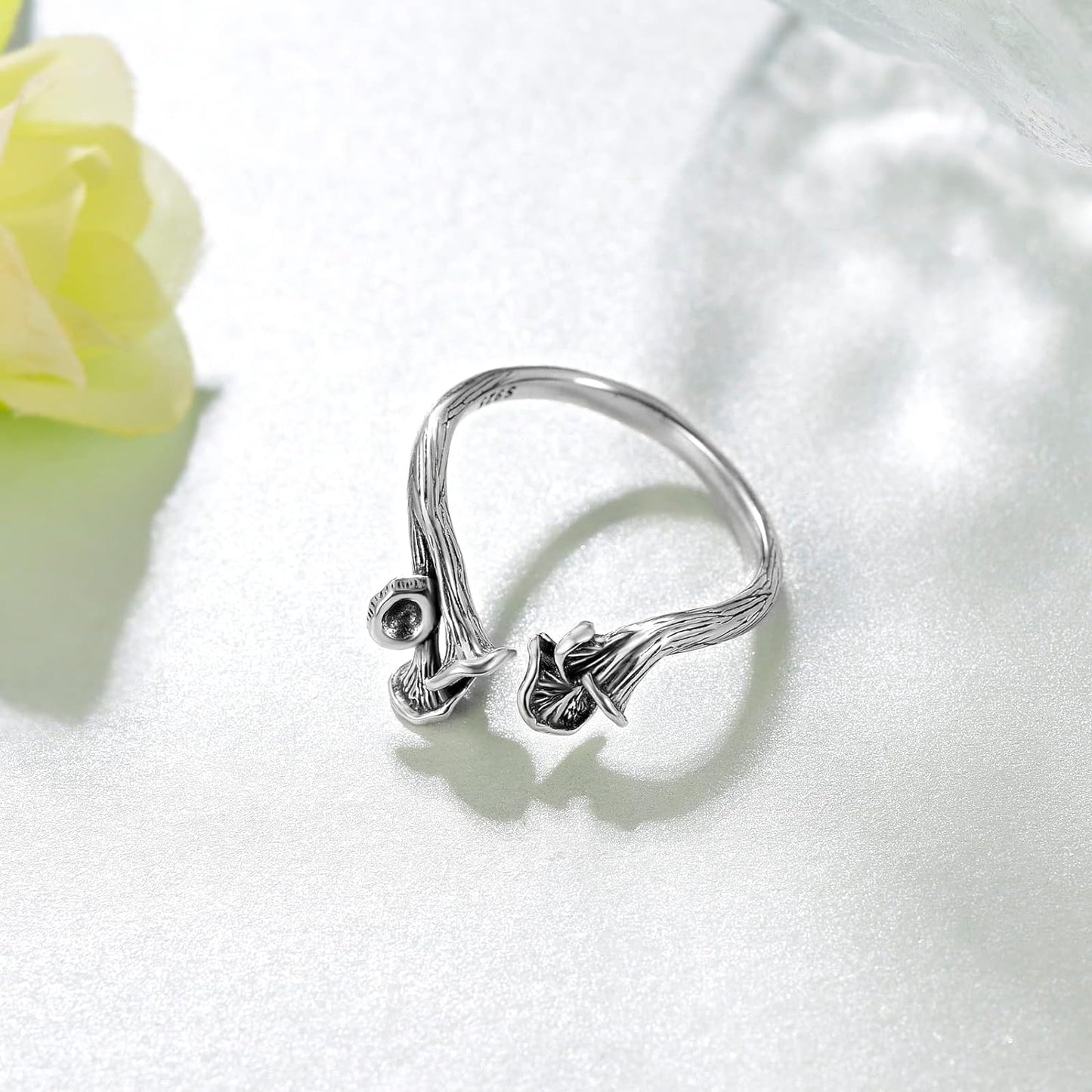 Chanterelle Mushroom Rings for Women Sterling Silver Vintage Cute Adjustable Open Wrap Ring Jewelry