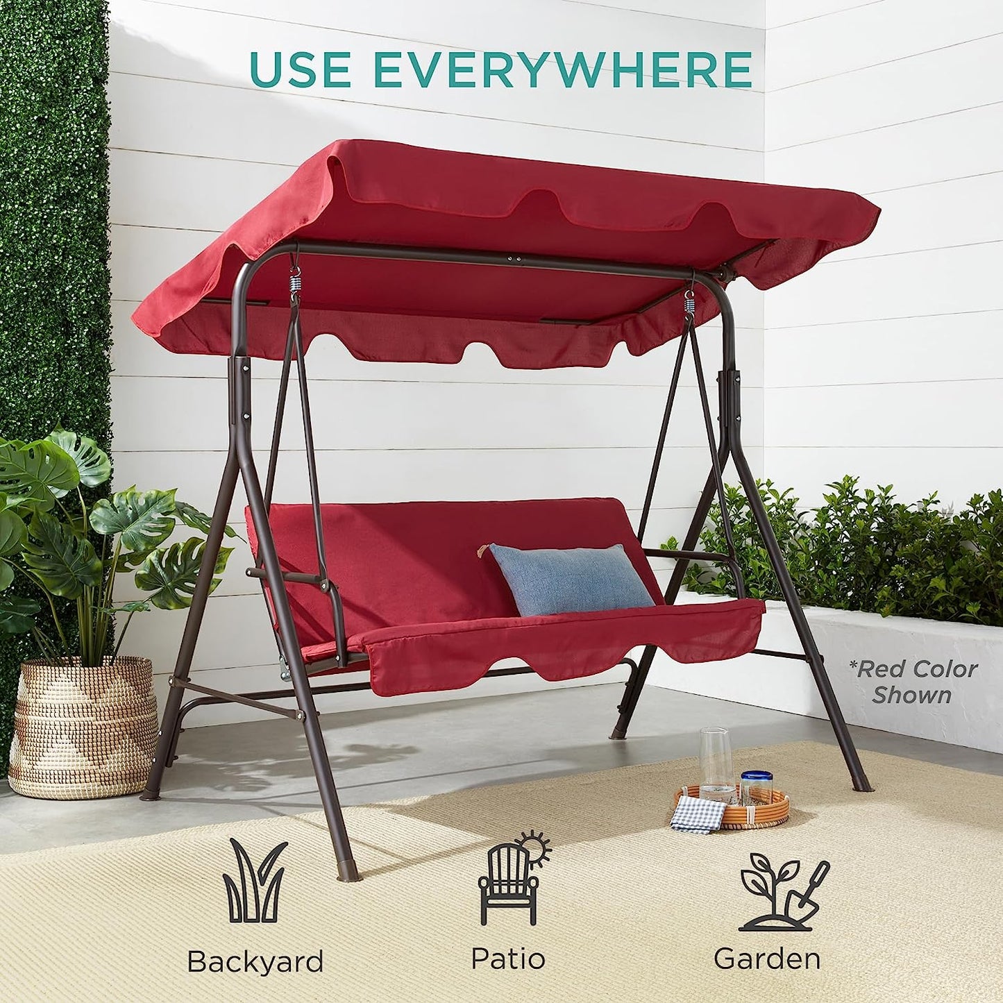 2-Person Outdoor Patio Swing Chair, Hanging Glider Porch Bench for Garden, Poolside, Backyard W/Convertible Canopy, Adjustable Shade, Removable Cushions - Gray