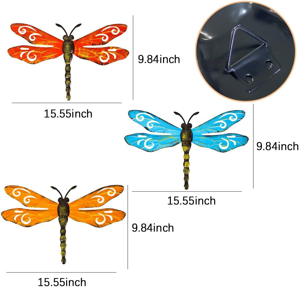 Scwhousi Metal Dragonfly Wall Decor Outdoor Garden Fence Art,Hanging Decorations for Living Room, Bedroom, 3 Pack