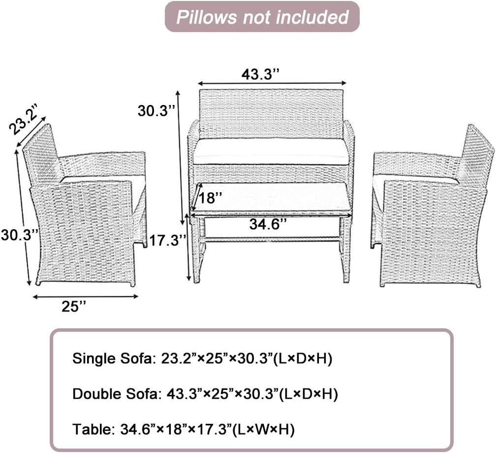 4 Pieces Outdoor Patio Furniture Sets Rattan Chair Patio Set Wicker Conversation Set Poolside Lawn Chairs Porch Poolside Balcony Outdoor Garden Furniture,Beige Cushion