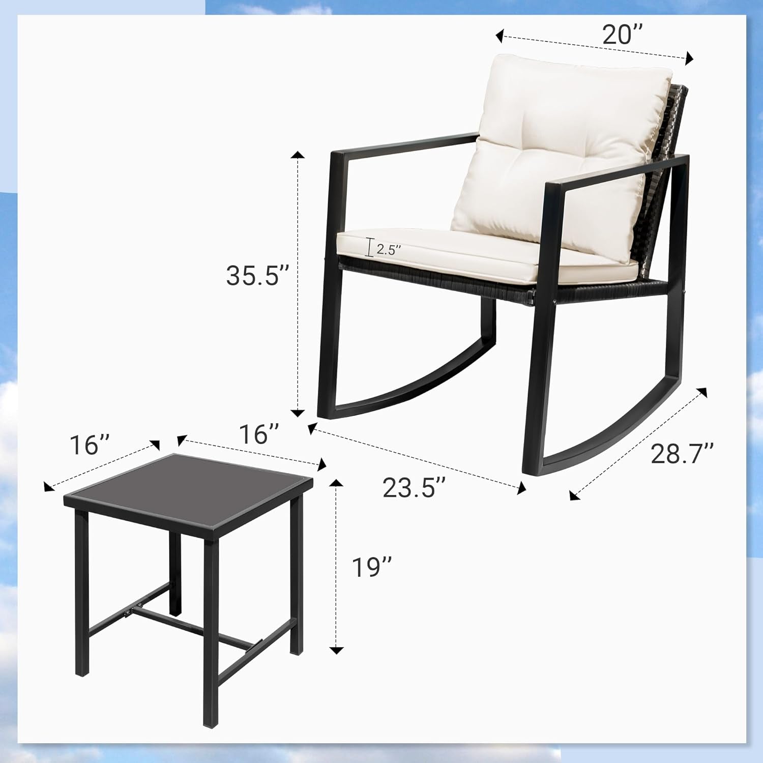 Patio Chairs 3 Piece Wicker Rocking Chair Outdoor Bistro Sets with Coffee Table and Cushions Metal Frame Patio Furniture for Porch, Balcony, Lawn (White)