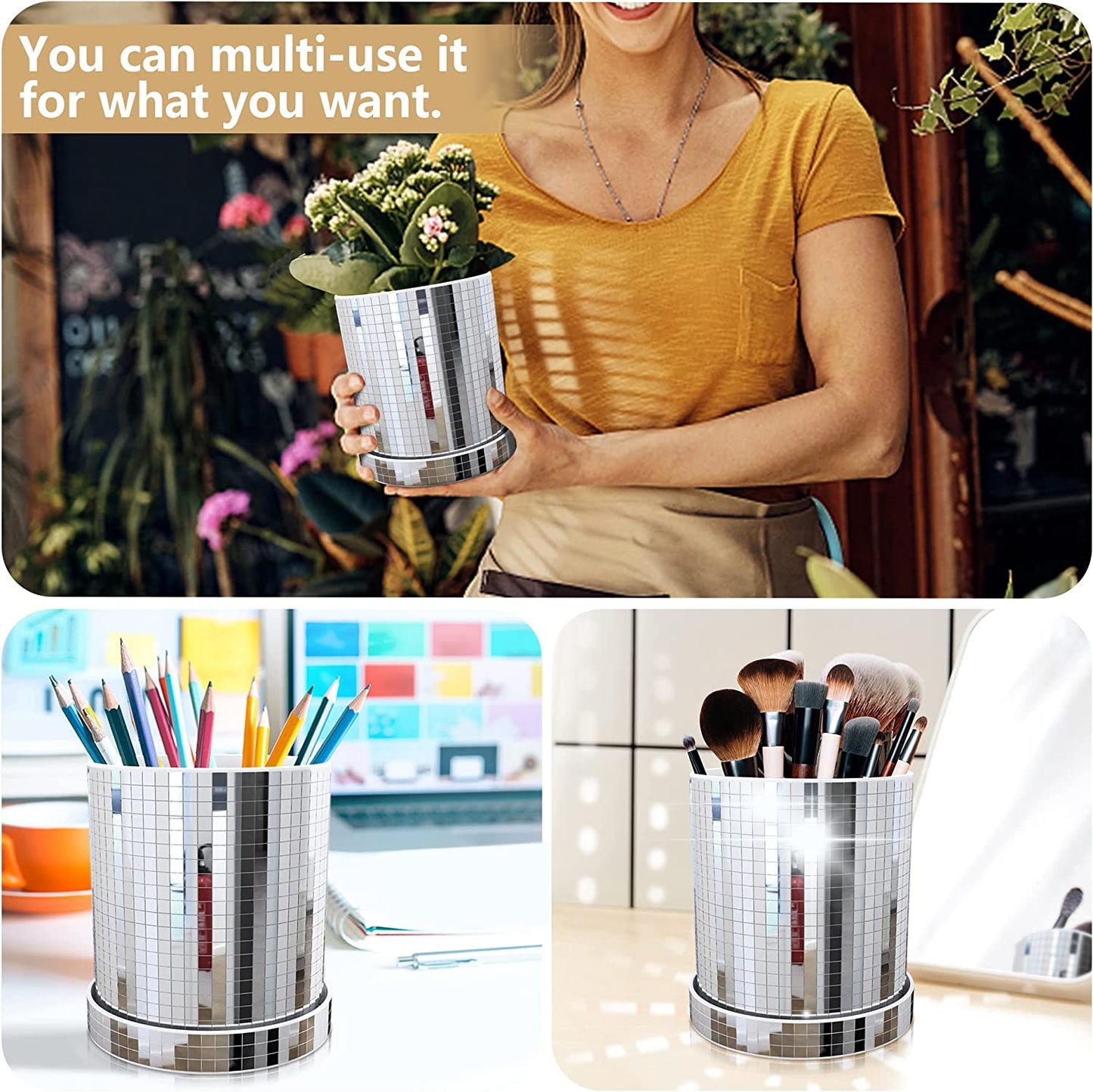 Disco Cylindrical Planter Pot,4.5*4.8 Inch Mirror Disco Cylindrical Vase, Modern Disco Plastic Planter Pot with Drainage Hole and Saucers for Indoor Outdoor Plants (Silver)