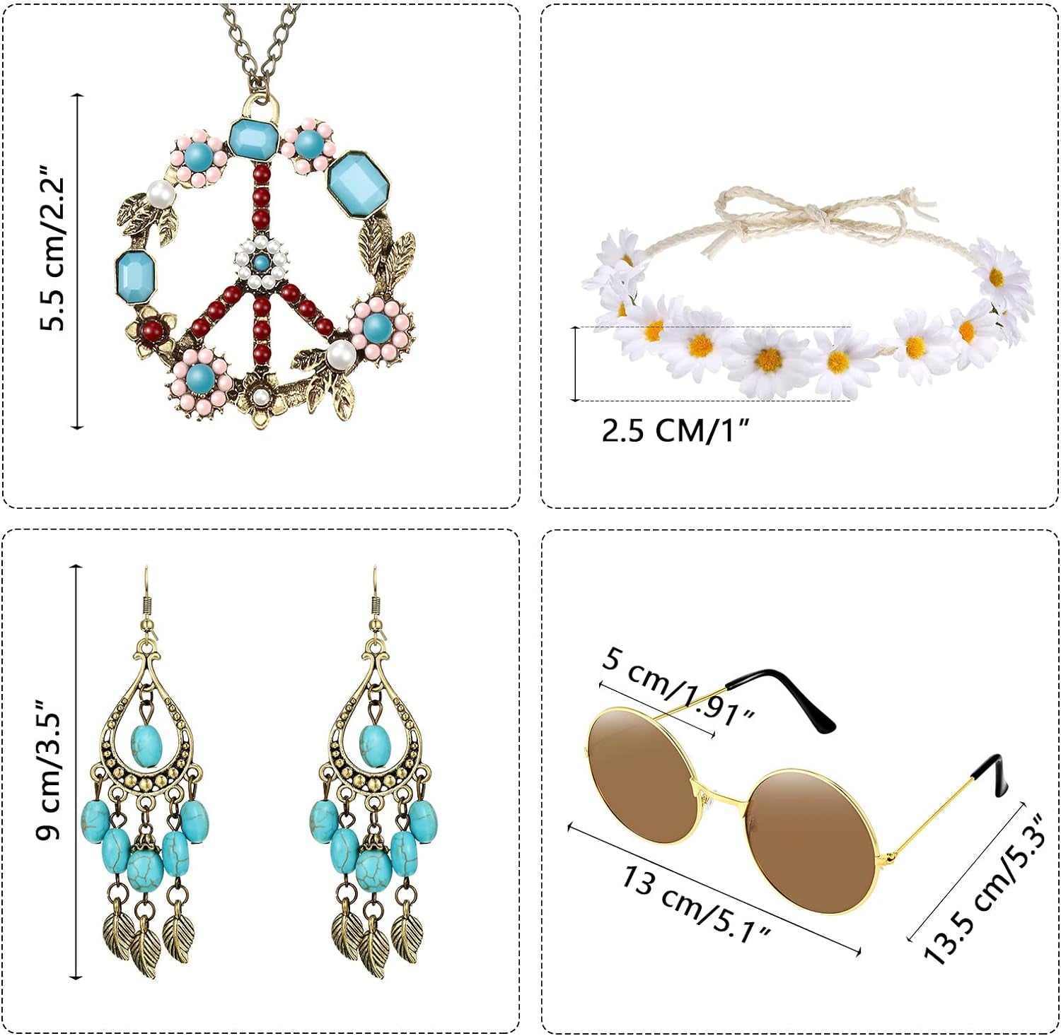 Hippie Costume Set Include Sunglasses, Headband, Peace Sign Necklace and Earring (Turquoise Style)