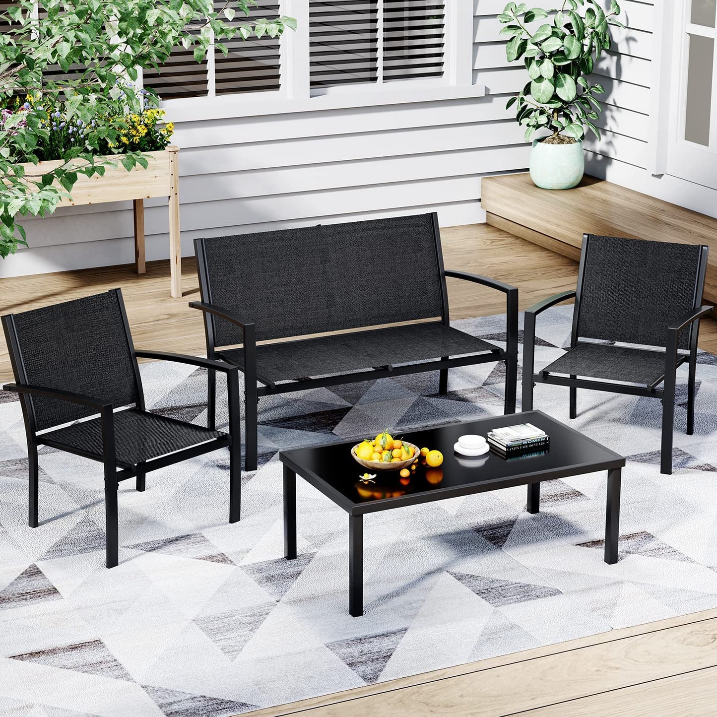 4 Pieces Patio Furniture Set, Outdoor Conversation Sets for Patio, Lawn, Garden, Poolside with a Glass Coffee Table, Black