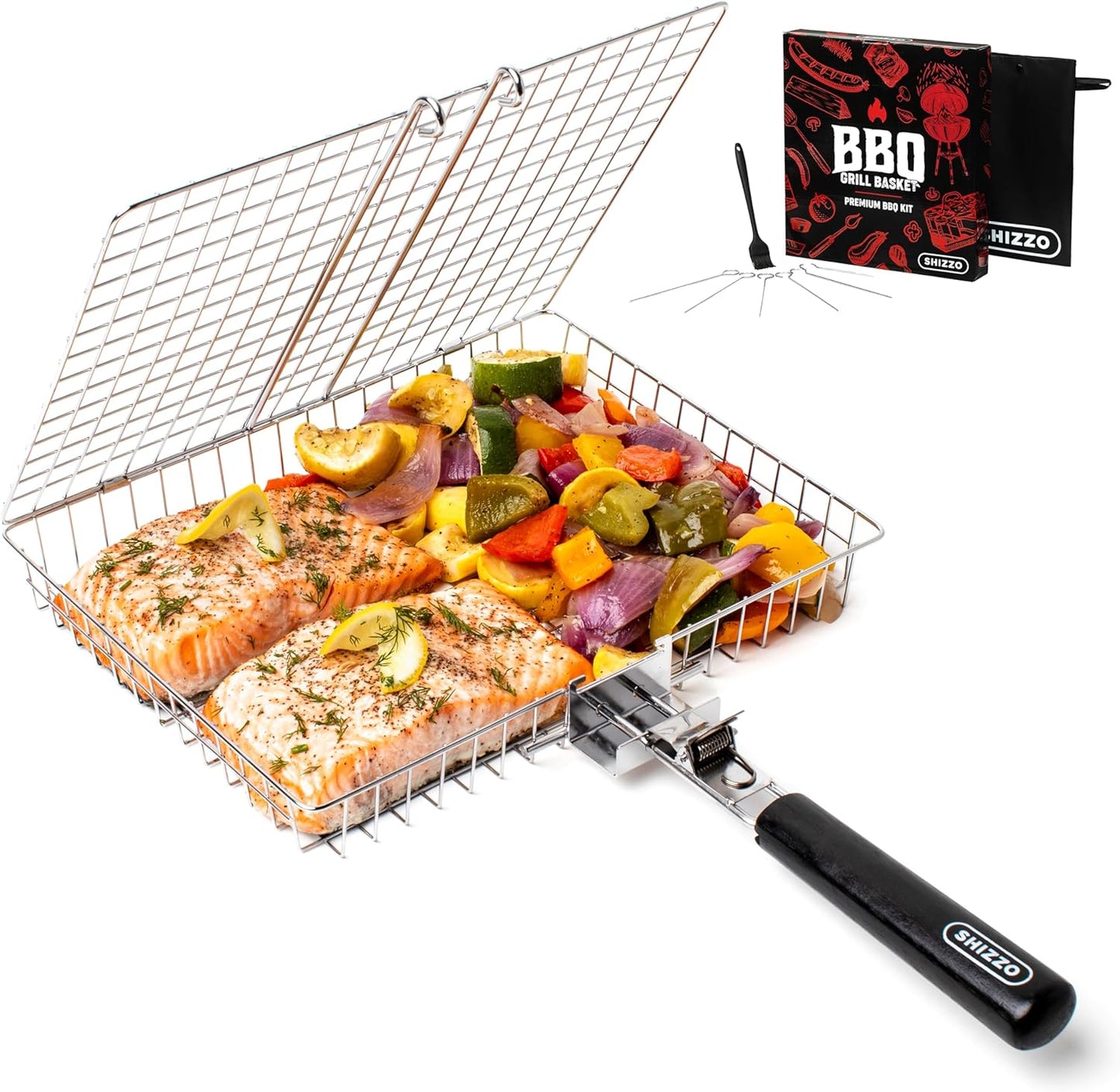 Grill Basket, Barbecue BBQ Grilling Basket , Stainless Steel Large Folding Grilling Baskets with Handle, Portable Outdoor Camping BBQ Rack for Fish, Shrimp, Vegetables, Barbeque Griller Cooking Accessories