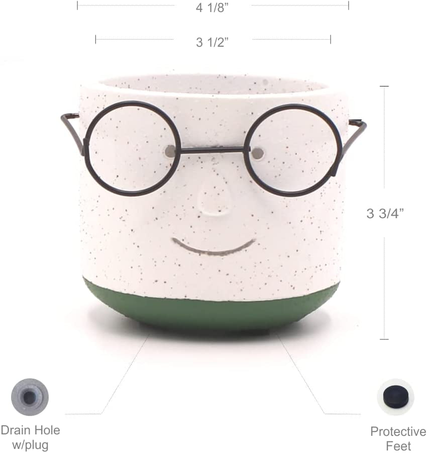 Face Planter Pots Head with Glasses for Indoor Outdoor Plants Cute Unique Succulent Cactus Planter with Drainage Hole Cement 4 Inch (Green)