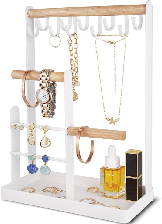 Jewelry Organizer Stand Necklace Holder, 4-Tier Jewelry Tower Rack with Earring Tray and Holes, 10 Hooks Necklaces Hanging Storage Tree Display for Bracelets Watches Earrings Rings -White