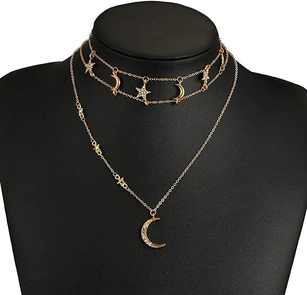 Bohemia Gold Moon and Stars Necklace for Women Fashion Gold Choker Necklace Delicate Moon Stars Jewelry for Women and Girls