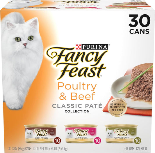 Fancy Feast Poultry and Beef Feast Classic Pate Collection Grain Free Wet Cat Food Variety Pack - (Pack of 30) 3 Oz. Cans