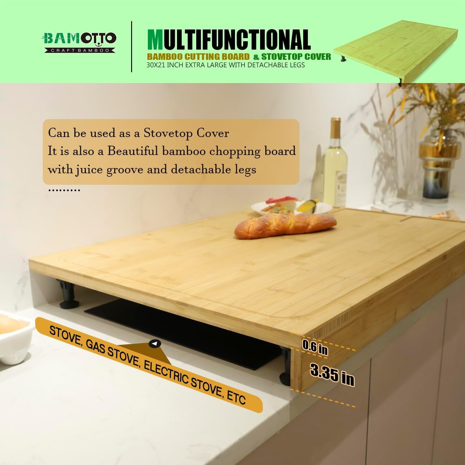 30 X 21 in Extra Large Bamboo Cutting Board and Stovetop Cover, Stove Top Cover Chopping Board with Detachable Legs and Juice Groove, Protector Board for Restaurant Kitchen Counter & Sink