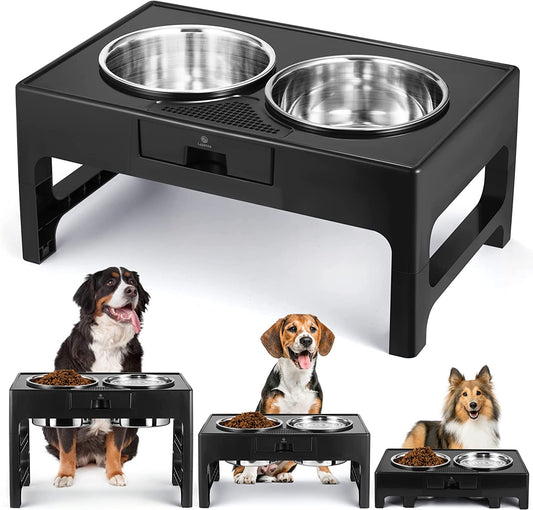 Elevated Dog Bowls, Stainless Steel Raised Dog Bowl with Adjustable Stand, Double Dog Food and Water Bowl for Medium Large Dogs, 3 Heights 3.9”, 7.8”, 11.8”,(Black)