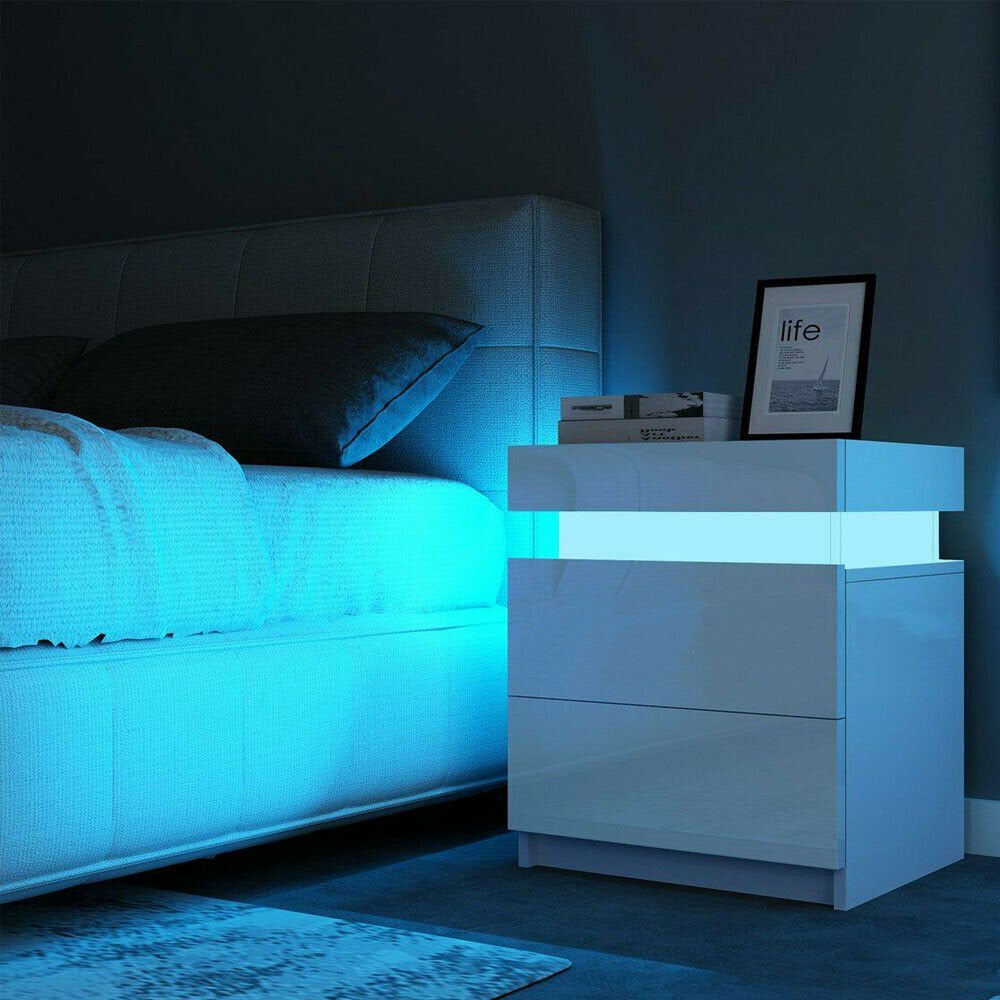 LED Light Bedside Table Cabinet Nightstand with Drawer Home Bedroom - White High Gloss Finish