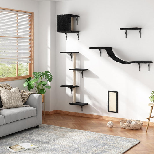 Wall Mounted Cat Furniture, Cat Wall Shelves Set of 5 with Cat Tree, Cat Perch, Cat Scratcher, Cat Bridge and Cat Condo, Gray (Black)