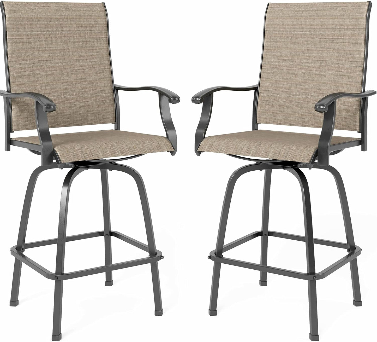 2 PCS Outdoor Swivel Bar Stools, Patio Bar Height Chair Breathable Sling Fabric, All-Weather Resistant, Brown