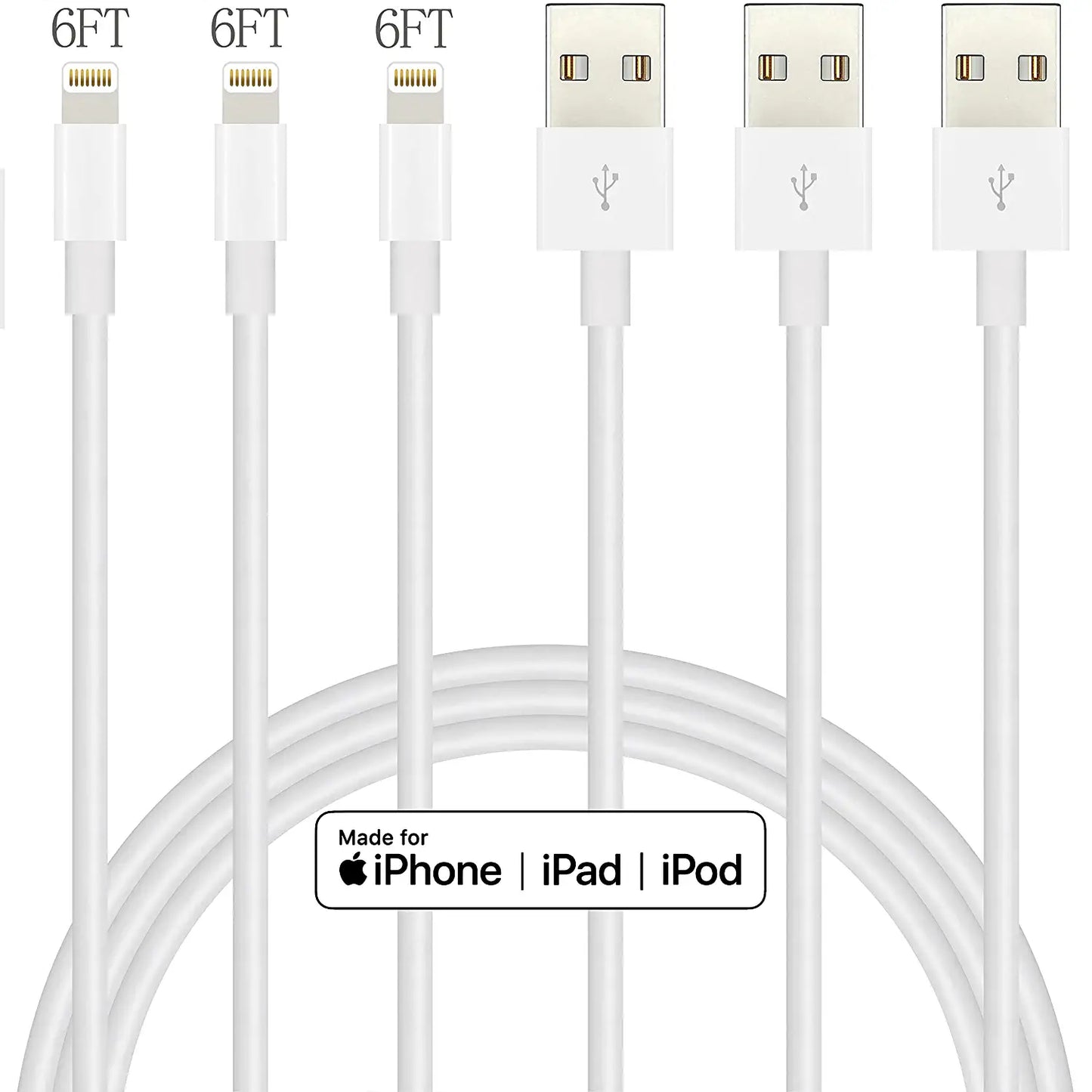 Iphone Charger Lightning Cable 3Pack(6/6/6Ft) Quick Charger Rapid Cord Apple Mfi Certified for Apple Charger, Iphone 13 12 11 Pro X XR XS MAX 8 plus 7 6S 5S 5C Air Ipad Mini Ipod (Grey)
