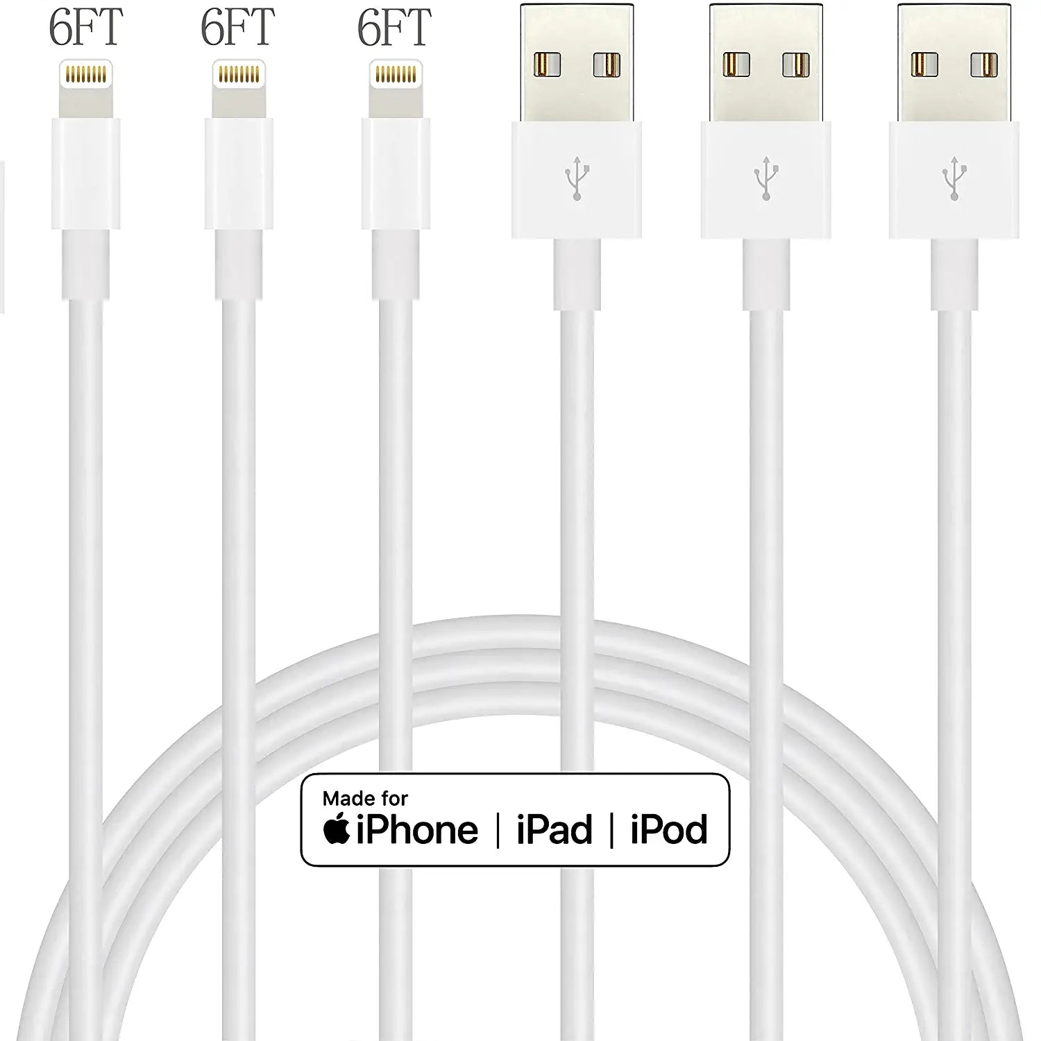 Iphone Charger Lightning Cable 3Pack(6/6/6Ft) Quick Charger Rapid Cord Apple Mfi Certified for Apple Charger, Iphone 13 12 11 Pro X XR XS MAX 8 plus 7 6S 5S 5C Air Ipad Mini Ipod (Grey)