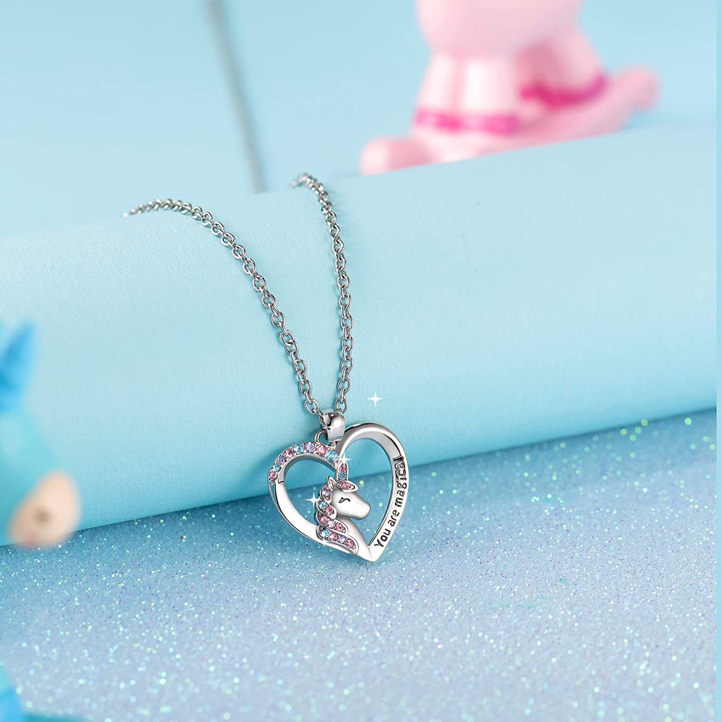 Unicorn Necklace for Women Girls CZ Stone Heart Pendant Necklace with You Are Magical Message Christmas Birthday Party Jewelry Gift for Daughter Granddaughter Niece