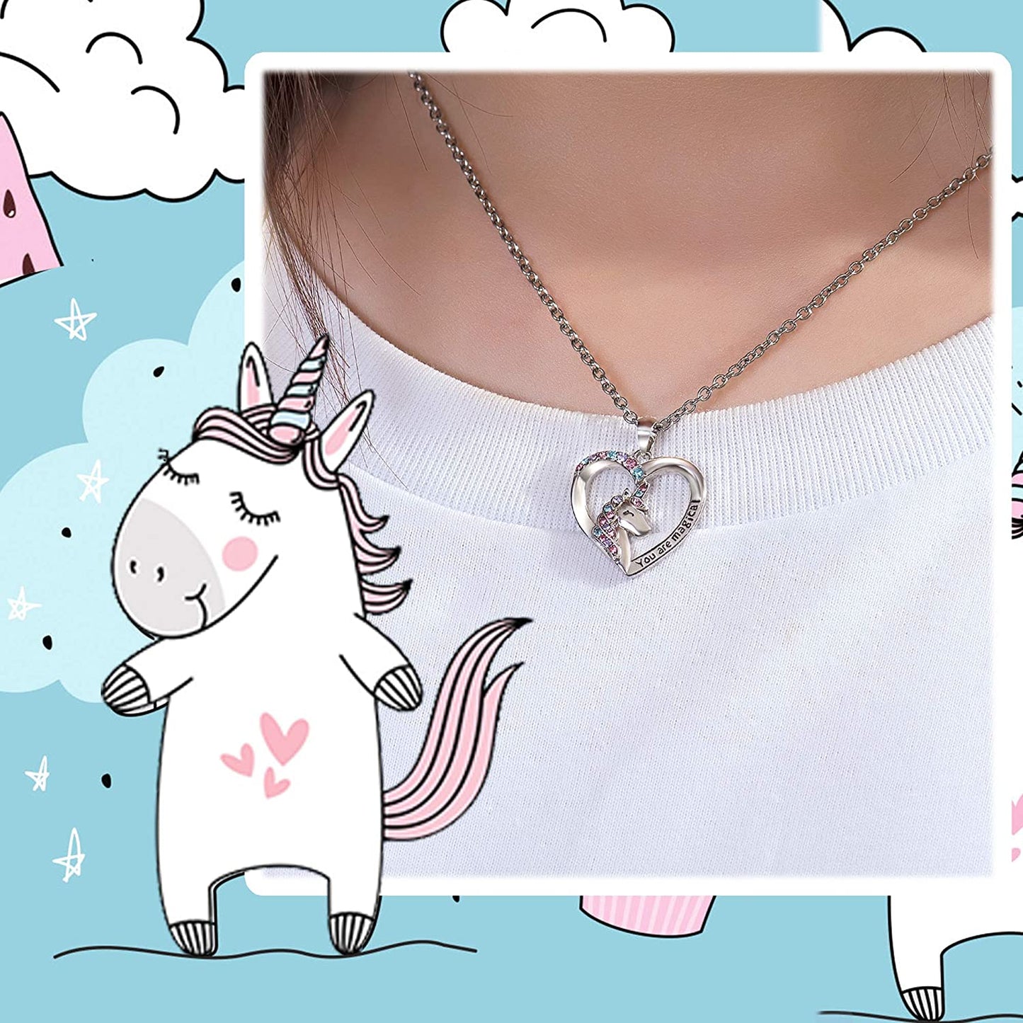 Unicorn Necklace for Women Girls CZ Stone Heart Pendant Necklace with You Are Magical Message Christmas Birthday Party Jewelry Gift for Daughter Granddaughter Niece