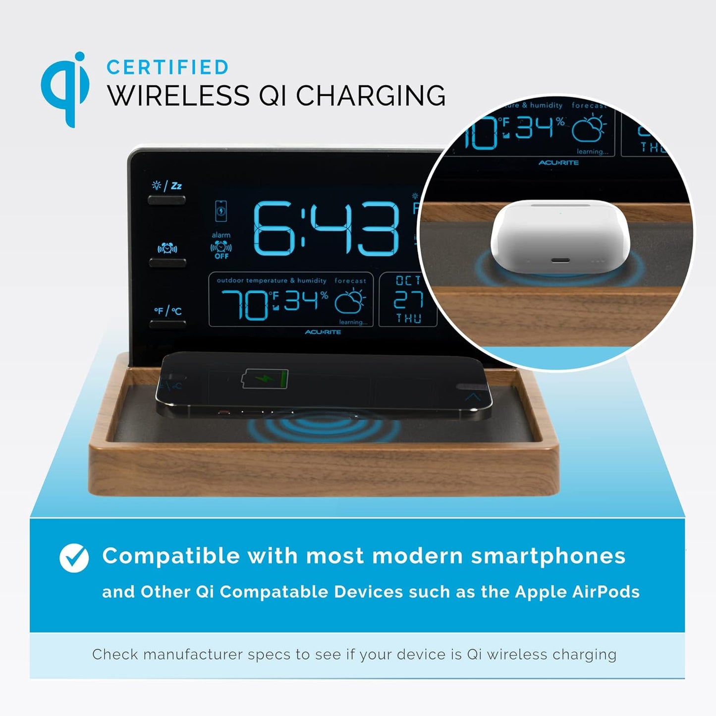 Weather Valet with Qi-Certified Wireless Charging Pad, Auto-Dimming LCD Screen, Alarm Clock, Hyperlocal Forecast, Outdoor Temperature and Humidity Measurements, and Indoor Temperature Reading (02047)