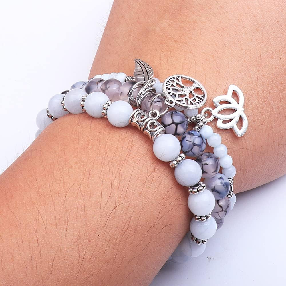  Healing Stone Bracelets,Multilayer Lotus Chakra Stone Reiki Bracelet Sets,Anxiety Crystal Natural Stone,For Women Stress Relief