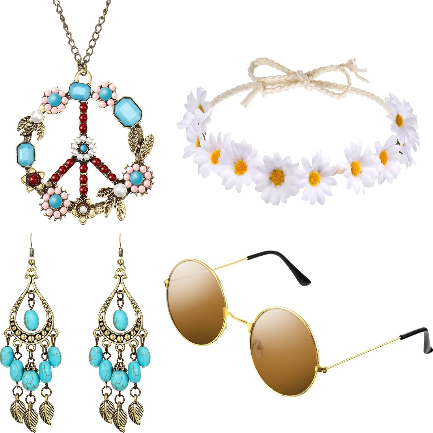 Hippie Costume Set Include Sunglasses, Headband, Peace Sign Necklace and Earring (Turquoise Style)