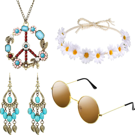 Hippie Costume Set Include Sunglasses, Headband, Peace Sign Necklace and Earring (Turquoise Style)