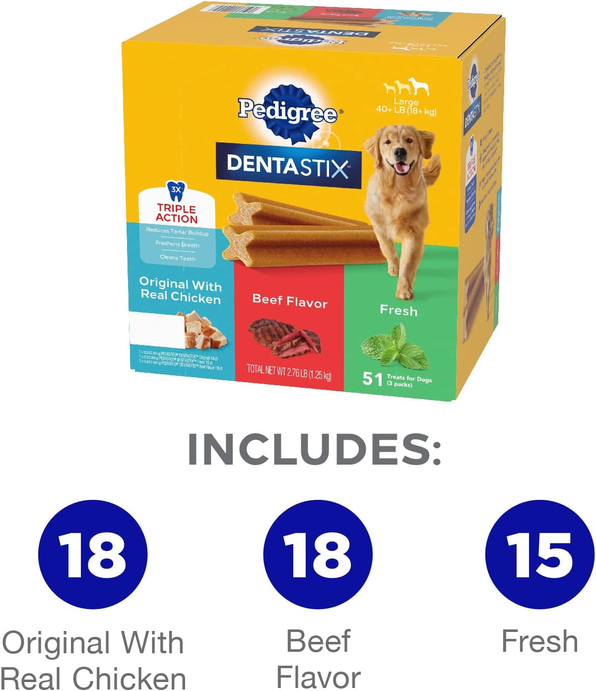 DENTASTIX Large Dog Dental Care Treats Original, Beef & Fresh Variety Pack, 2.73 Lb.Pack (51 Treats)