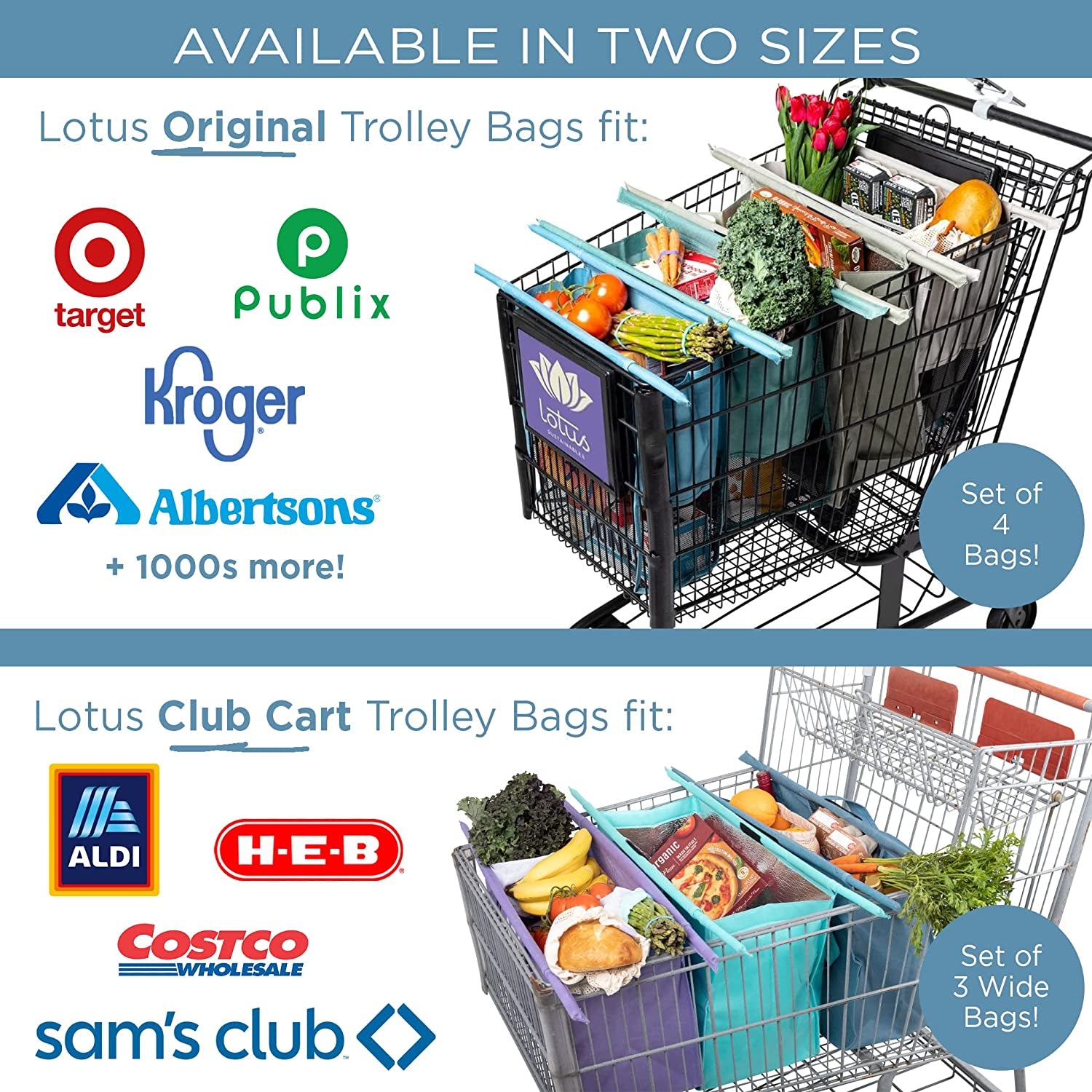 Grocery Store Reusable Easy Cart and Pack Set of 4 -W/Lrg COOLER Bag & Egg/Wine Holder! Reusable Grocery Cart Bags Sized for USA. Washable Eco-Friendly 4-Bag Grocery Tote. (Earth Tones)