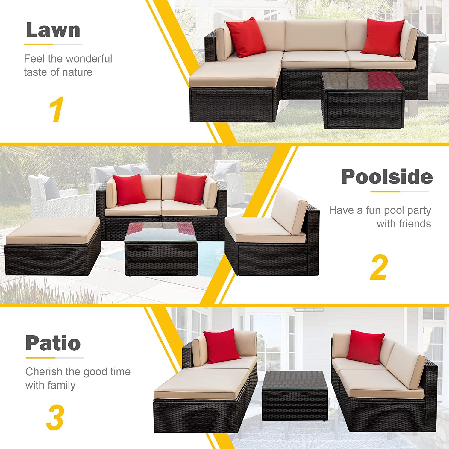 5 Pieces Patio Furniture Sectional Outdoor PE Rattan Wicker Lawn Conversation Cushioned Garden Sofa Set with Glass Coffee Table (Beige)