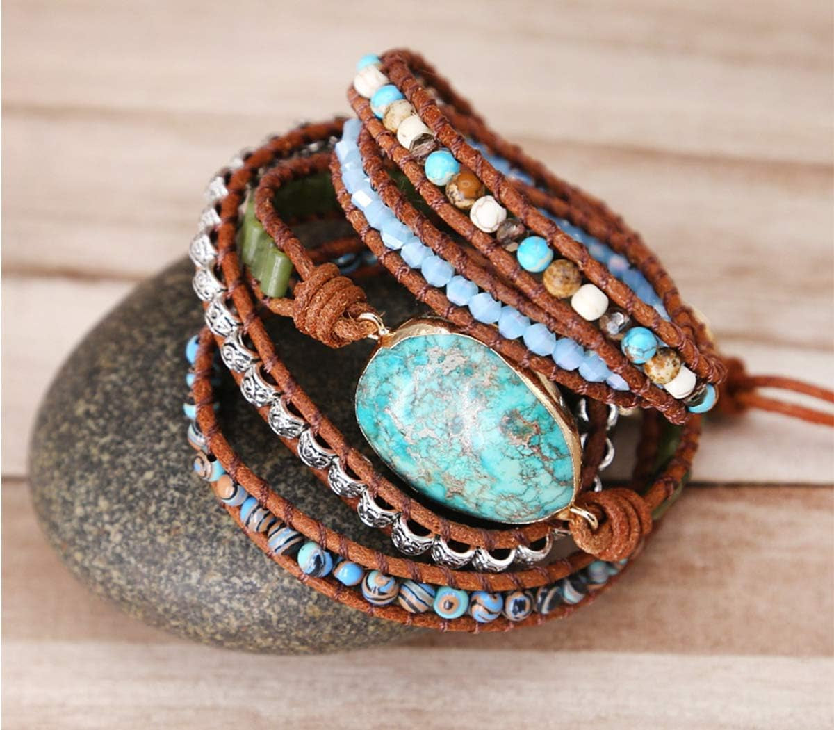 Boho Handmade Natural Stone Wrap Bracelets Turquoises Crystal Beads Bracelet Jewelry