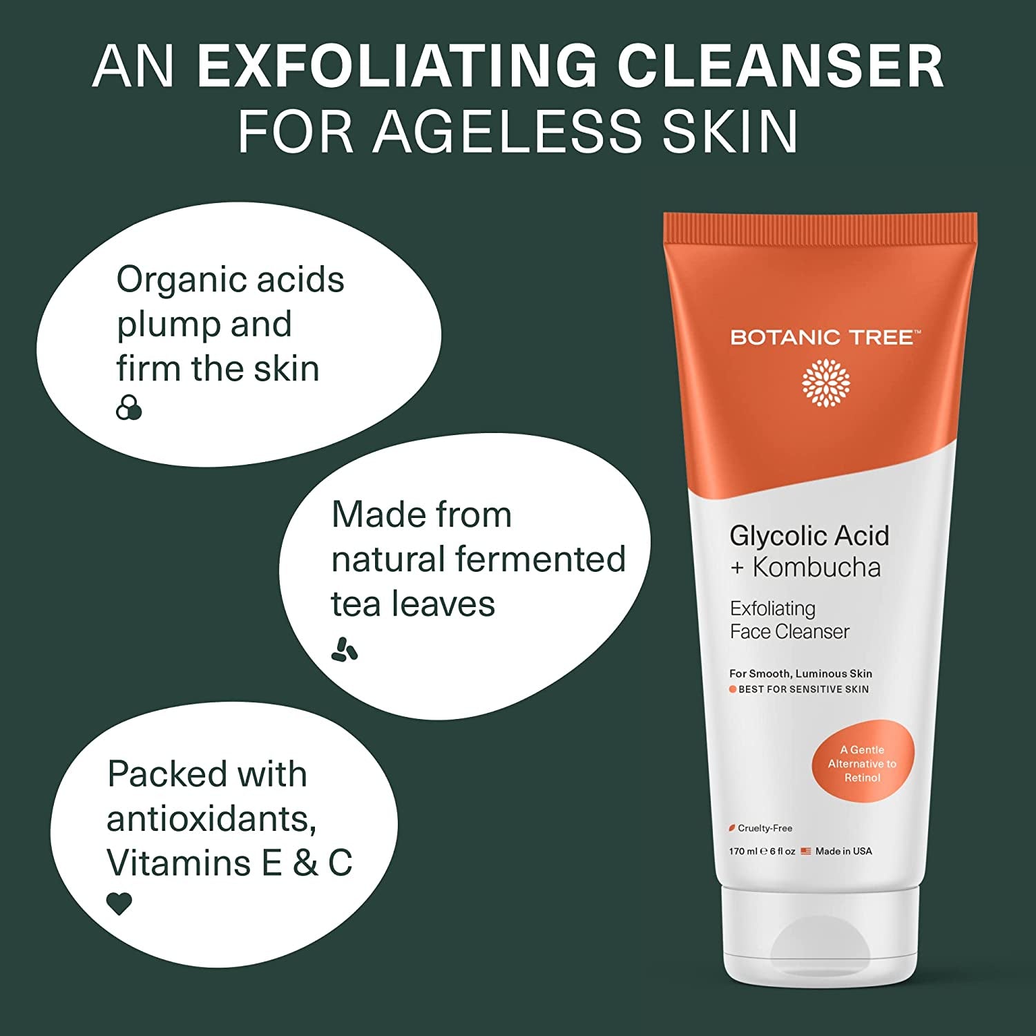 Kombucha & Glycolic Acid Exfoliating Face Wash for Aging Skin - Kombucha Lipofilling Effects and Skin Healthy Probiotics and Antioxidants