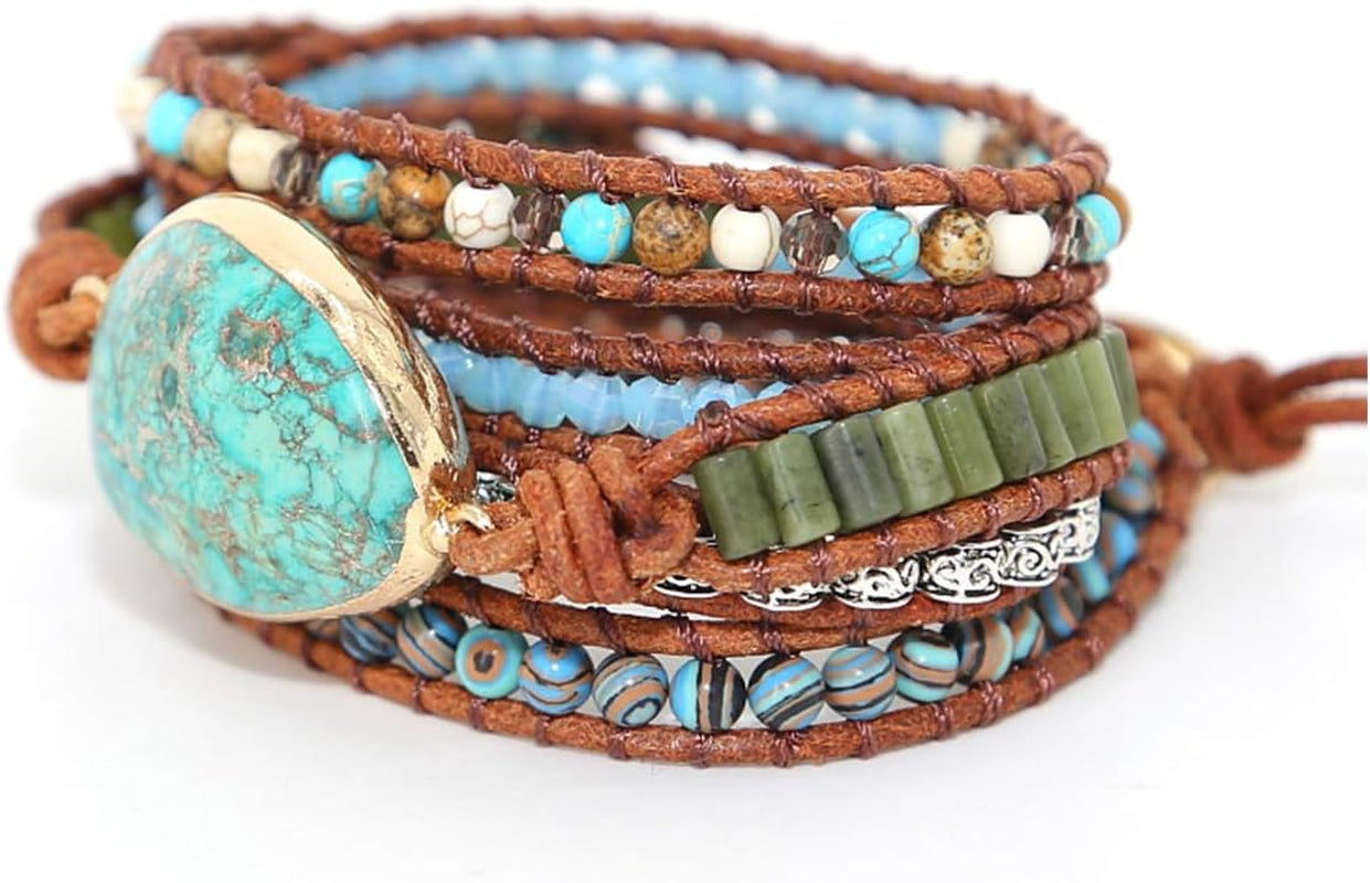 Boho Handmade Natural Stone Wrap Bracelets Turquoises Crystal Beads Bracelet Jewelry