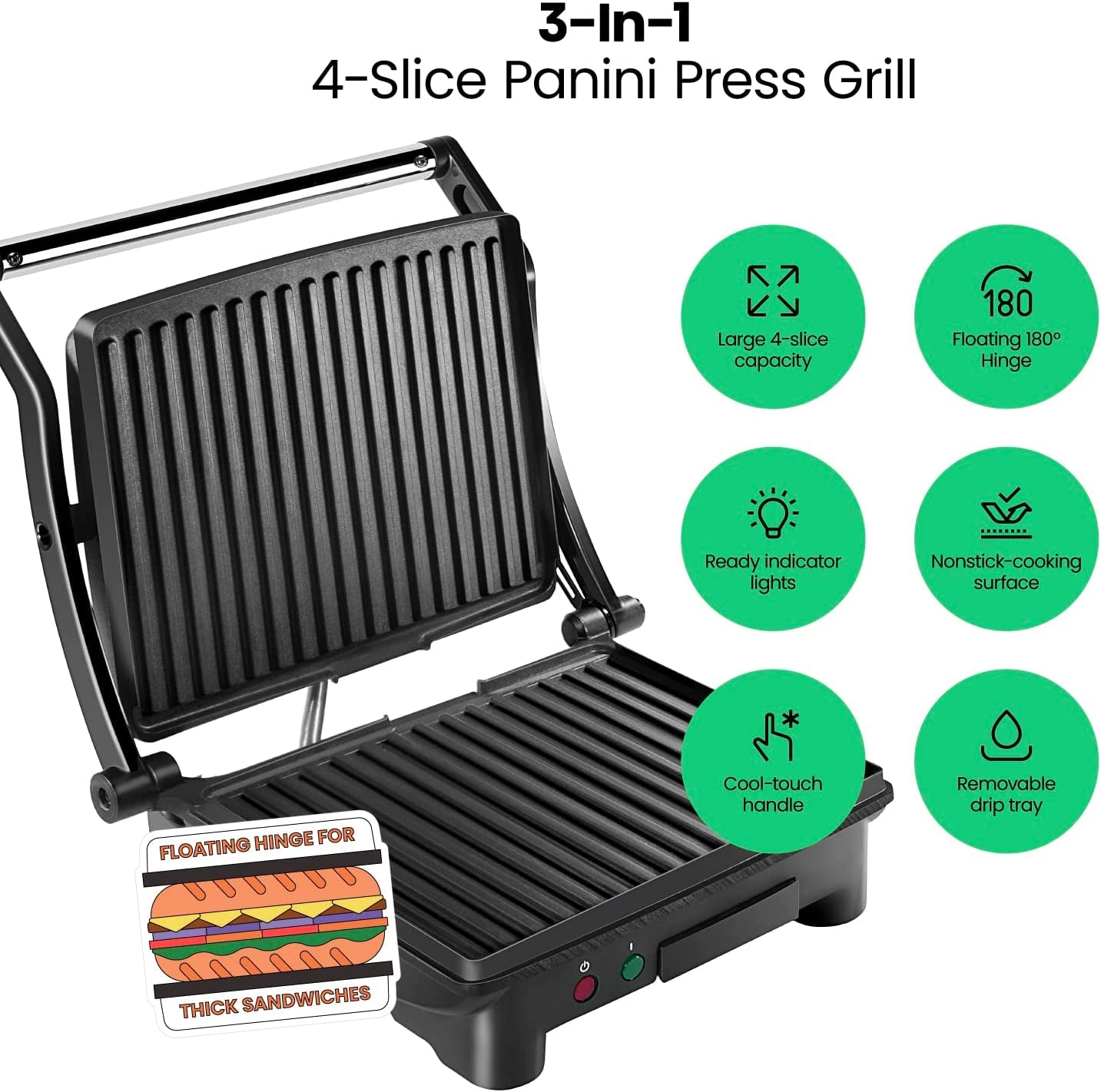 Panini Press Grill and Gourmet Sandwich Maker Non-Stick Coated Plates, Opens 180 Degrees to Fit Any Type or Size of Food, Stainless Steel Surface and Removable Drip Tray, 4 Slice, Black