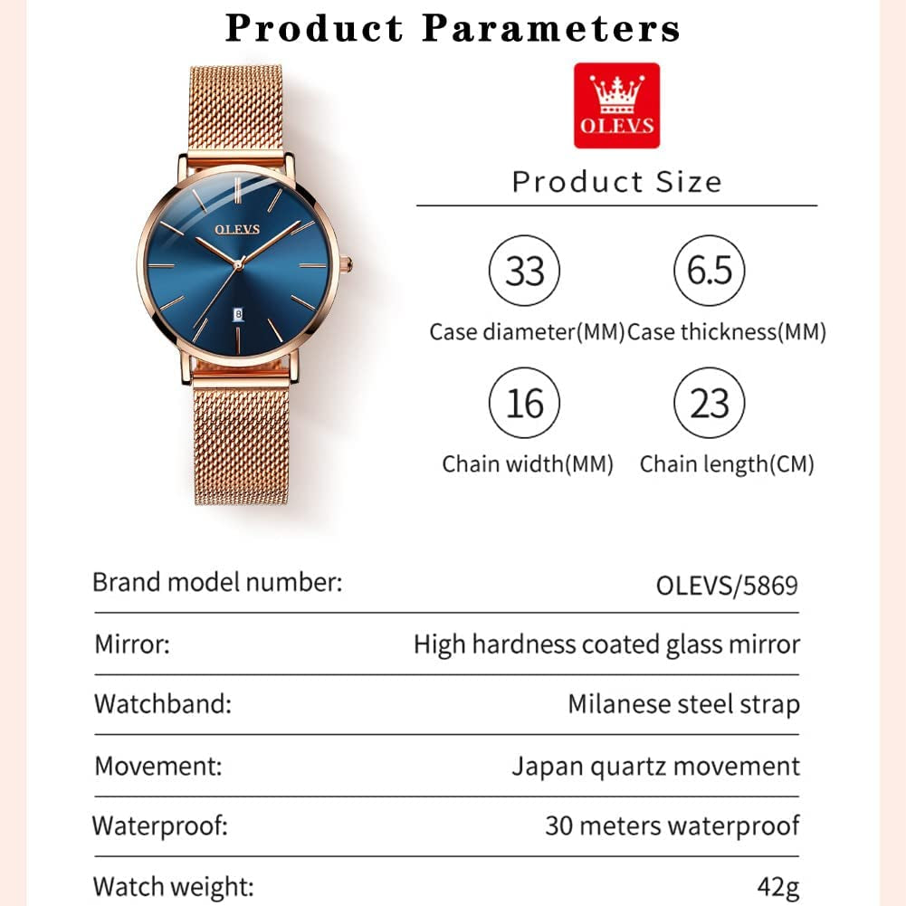 Women'S Casual Wrist Watch, 6.5Mm Ultra Thin Ladies Dress Watch, Small Analog Calendar Easy Read Watch for Women, Large Dial Mesh Bracelet Quartz Watch with Date