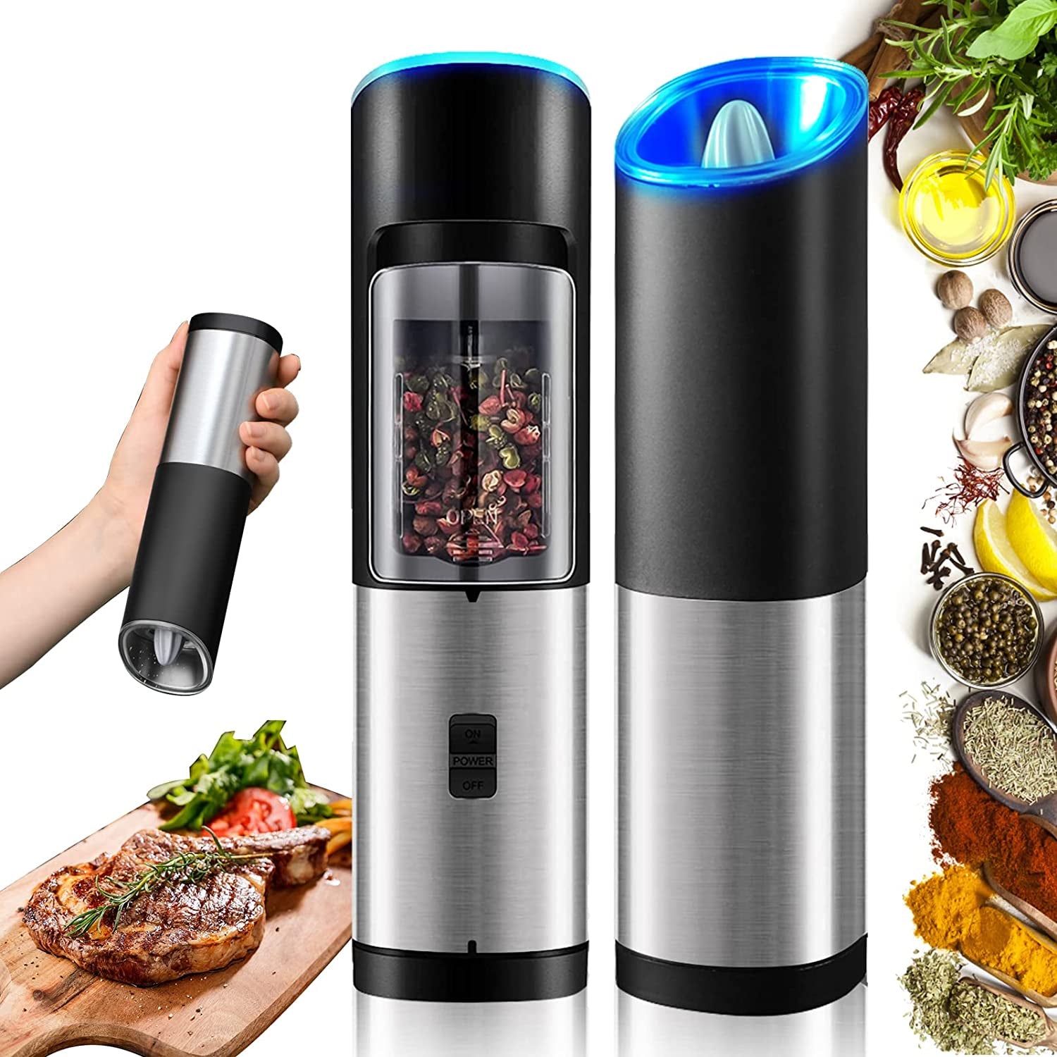 Electric Salt and Pepper Grinder-Gravity Automatic Spice Mill Set-Battery Powered W/ LED Light, Adjustable Coarseness, One Hand Operated Smart Kitchen Gadgets, Stainless Steel, 2 Pack