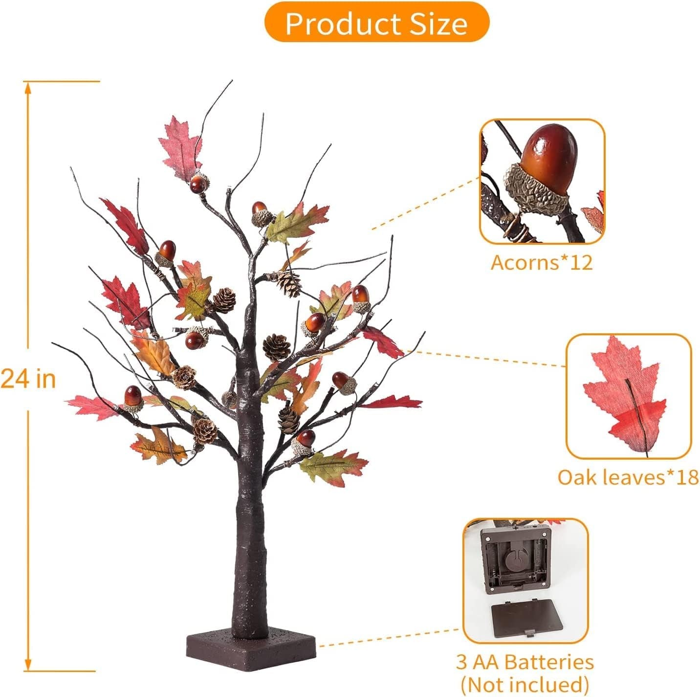 24 Inch Artificial Fall Oak Maple Tree, Lighted Fall Decorations for Home, Fall Centerpieces for Tables, Perfect for Thanksgiving, Autumn, Wedding and Halloween Decor