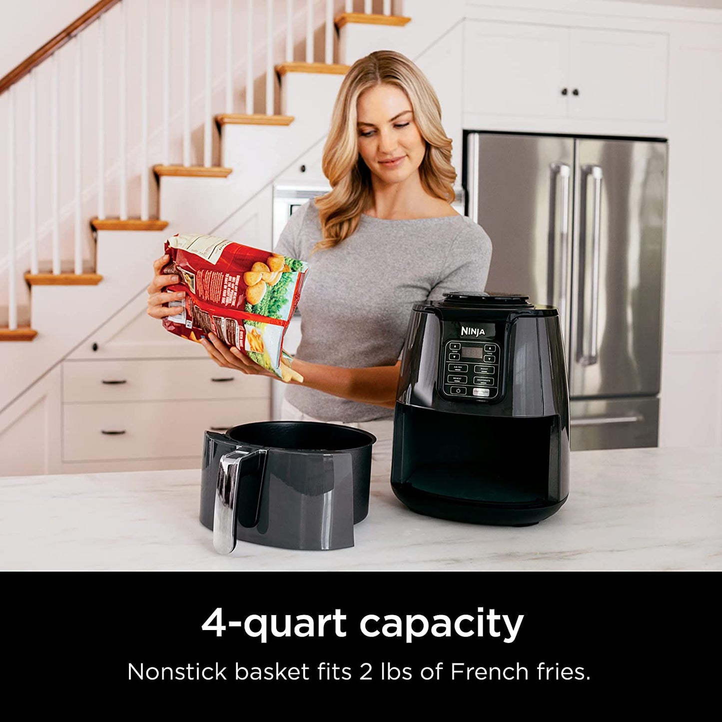 AF101 Air Fryer That Crisps, Roasts, Reheats, & Dehydrates, for Quick, Easy Meals, 4 Quart Capacity, & High Gloss Finish, Black/Grey