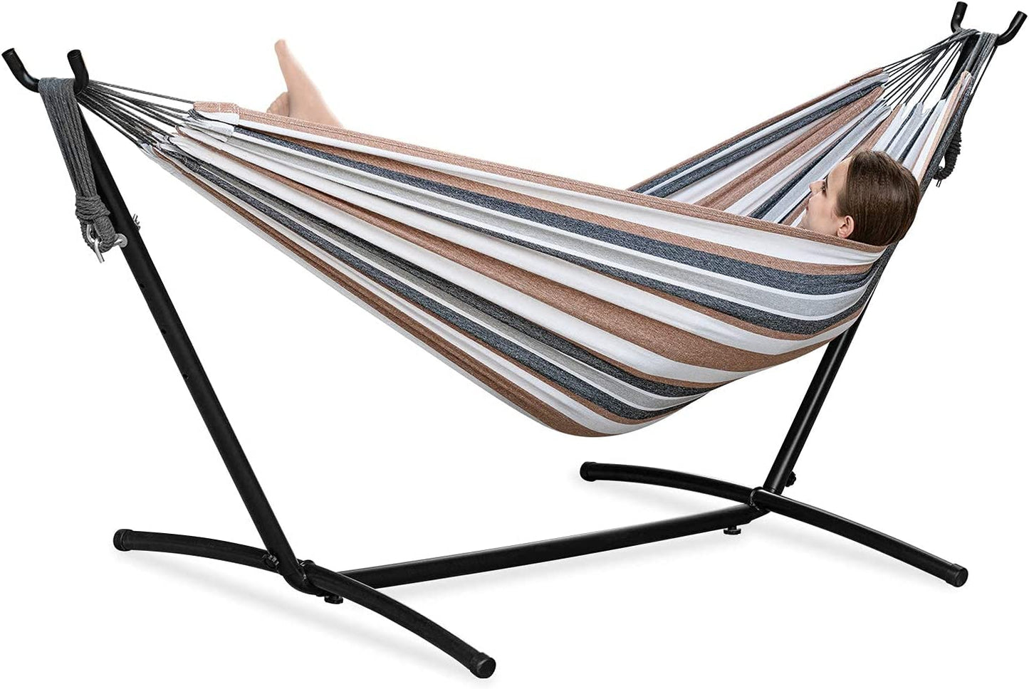 Double Hammock with Space Saving Steel Stand Included 2 Person Heavy Duty outside Garden Yard Outdoor 450Lb Capacity 2 People Standing Hammocks and Portable Carrying Bag (Coffee)